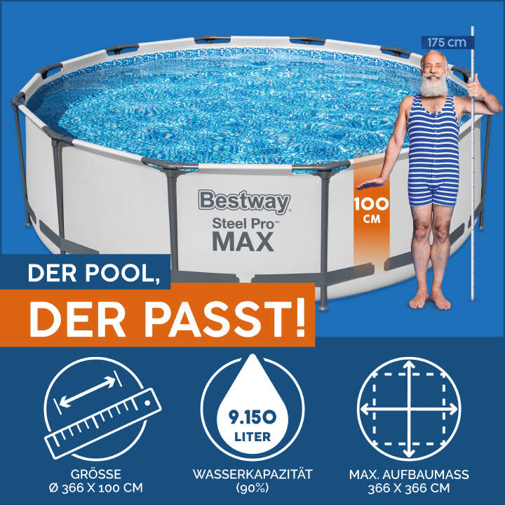 Bestway Steel Pro MAX™ Frame Pool Set mit Filterpumpe rund 366 x 100 cm